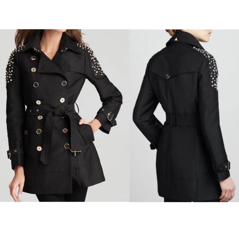 NWT Large Black Studded / Crystal Collar Trench Coat Sam Edelman